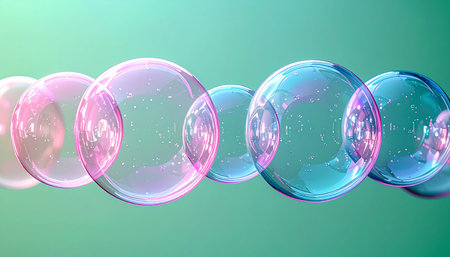 A beautiful, orderly row of iridescent soap bubbles floats serenely against a soft green background. Their delicate, transparent surfaces shimmer with pastel pinks and blues, evoking a sense of cleanliness, clarity, and gentle, playful wonder. This minimalist composition is perfect for concepts related to science, purity, and ethereal beauty.の素材