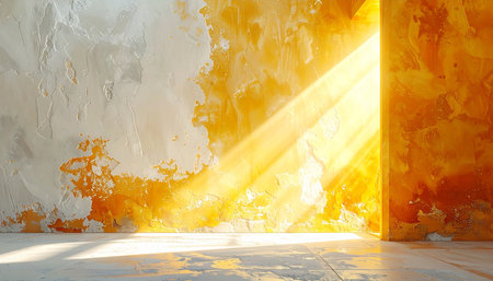 A brilliant ray of golden sunlight pierces the quiet stillness of an old room, streaming through an open doorway. It illuminates the rustic, weathered walls and reflects off the floor, suggesting a moment of revelation, hope, or the dawn of a new beginning.の素材