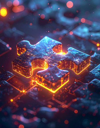 A single, luminous puzzle piece glows with internal energy, representing the final component needed to complete a complex digital network. This image symbolizes the critical moment of integration, the breakthrough solution, and the power of connection in a futuristic, data-driven world.の素材