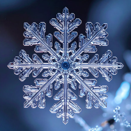 A stunning macro photograph captures the breathtaking, intricate geometry of a single, perfect snowflake. Each delicate branch and crystalline facet reflects the light, showcasing the unique and fleeting beauty of natures design against a soft, cool blue background. This image evokes a sense of wonder, purity, and the quiet magic of winter.の素材