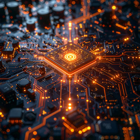 A close-up view of a powerful CPU glowing with intense orange light. Data flows through the intricate pathways of the circuit board, representing the core of modern innovation and the relentless pulse of artificial intelligence. This is the digital brain powering the future.の素材