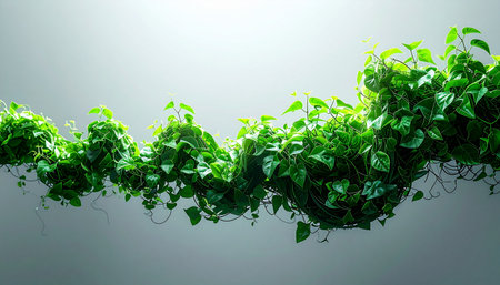A vibrant green vine twists and turns, forming a living lifeline against a clean, minimalist background. This image symbolizes growth, vitality, and the interconnectedness of nature, perfect for themes of environment, health, and sustainable innovation.の素材