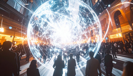 A diverse crowd of silhouetted figures gathers in a grand hall, their attention captivated by a massive, glowing sphere of interconnected light. This stunning installation represents a technological breakthrough, symbolizing the dawn of a new era of global data, artificial intelligence, and collective human progress.の素材