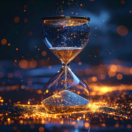 In a realm where moments are made of stardust, a mystical hourglass measures the flow of destiny. Each sparkling grain represents a precious opportunity, falling with elegant urgency against a backdrop of cosmic light, symbolizing the beautiful and fleeting nature of time itself.の素材