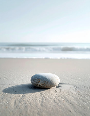 A single, smooth stone rests on the warm sand, a solitary focal point against the blurred backdrop of gentle ocean waves. The morning sun casts a soft shadow, creating a scene of profound peace, simplicity, and meditative calm.の素材