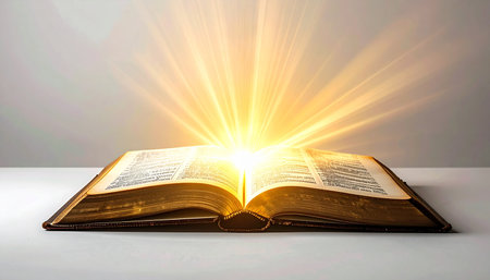 An old, sacred book lies open on a table, its pages revealing not just text but a brilliant, divine light. Beams of golden energy radiate outwards, symbolizing a moment of profound revelation, spiritual enlightenment, and the discovery of ultimate truth or wisdom.の素材