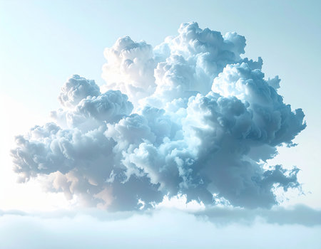 A single, magnificent cloud floats serenely in a vast, bright sky, a symbol of peace, imagination, and limitless possibility. Its soft, voluminous form captures the light, creating a heavenly and dreamlike scene perfect for concepts of freedom, spirituality, or innovative ideas.の素材