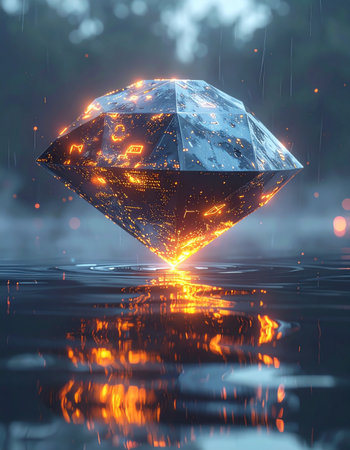 A magnificent, glowing crystal hovers mysteriously over a reflective surface, its inner fire casting a warm, powerful light through the cool, misty air. This magical artifact symbolizes hidden power, precious discovery, and untapped potential.の素材