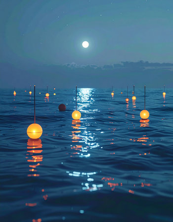 Under the watchful gaze of a full moon, luminous orbs float gently on the calm sea, their warm glow creating a path of light across the dark, rippling water. This magical and serene scene evokes a sense of peace, wonder, and quiet contemplation.の素材