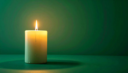 A single candle burns brightly, its warm, golden flame casting a gentle glow against a deep, serene green background. The soft light creates an atmosphere of peace and tranquility, perfect for moments of quiet reflection, meditation, or remembrance.の素材