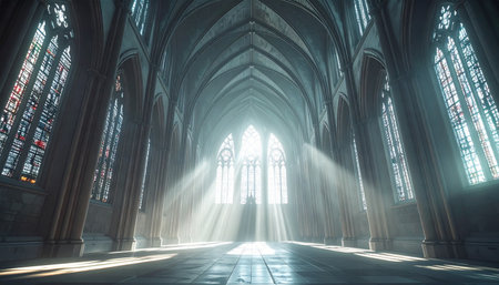 In the quiet solitude of a vast gothic cathedral, ethereal beams of divine light pierce the darkness, streaming through towering windows. The sacred rays illuminate the ancient stone floor, creating a moment of profound peace, awe, and spiritual contemplation in the majestic, empty sanctuary.の素材