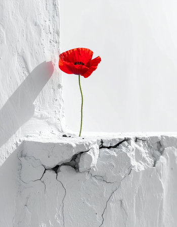 Against a stark, white, and fractured world, a single red poppy emerges with vibrant life. This powerful image symbolizes hope, resilience, and the enduring beauty of nature persevering through hardship, a perfect metaphor for strength and new beginnings.の素材