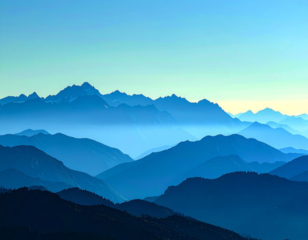 As dawn breaks, a vast mountain range reveals its layered silhouettes, fading into a soft, hazy sky. The tranquil scene evokes a sense of peace, wonder, and the quiet majesty of the natural world, inviting contemplation and exploration.の素材