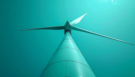 From a dramatic low-angle perspective, a modern wind turbine reaches towards a monochromatic teal sky. The powerful blades stand ready to harness the wind, symbolizing a commitment to clean, renewable energy, innovation, and a sustainable future for the planet.の素材