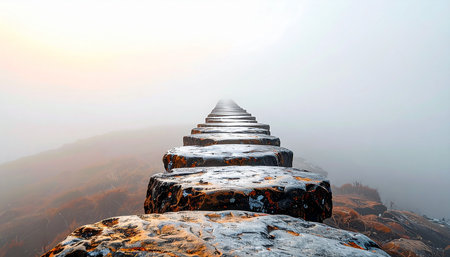 An ancient stone stairway spirals upwards, its final destination shrouded in a thick, ethereal fog. This path represents a journey into the unknown, a metaphor for faith, ambition, and the mysterious future that lies ahead.の素材