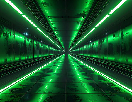 A high-speed journey through a futuristic corridor of vibrant green light. The symmetrical lines and vanishing point create a sense of infinite motion, perfect for concepts of data, technology, and progress into the digital frontier.の素材