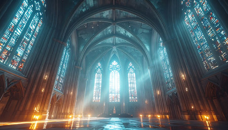 Ethereal blue light streams through the grand windows of an ancient gothic cathedral, illuminating a path of warm candlelight on the reflective floor. This atmospheric interior evokes a sense of mystery, spirituality, and awe-inspiring wonder.の素材