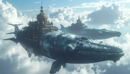 A majestic fleet of bio-mechanical sky whales navigates an endless sea of clouds, their backs carrying ancient cities towards an unknown destination. A vision of epic fantasy, adventure, and a journey beyond the horizon.の素材