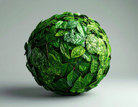 A perfect sphere crafted from vibrant green leaves rests in a minimalist space. This abstract object is a powerful visual metaphor for global ecology, sustainability, and the interconnectedness of life on a green planet.の素材