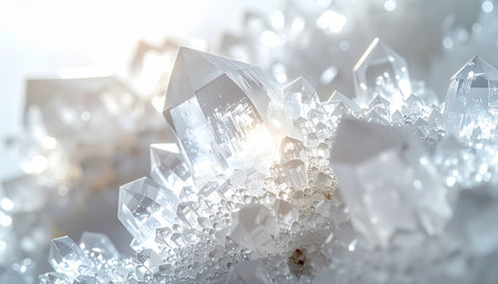 A macro view of a cluster of pure, clear crystals bathed in a soft, ethereal light. The radiant glow refracts through the facets, creating a sparkling and magical background that evokes feelings of healing, clarity, and spiritual energy.の素材