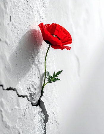 A single, vibrant red poppy emerges with determination from a deep crack in a stark, monochrome wall. This powerful image symbolizes resilience, hope, and the beautiful struggle of life finding a way to flourish even in the most challenging and unlikely environments.の素材
