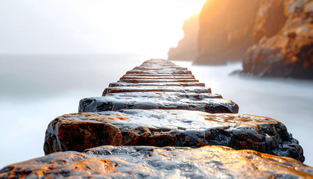 A weathered stone path emerges from the mist, leading the eye towards a warm, hopeful sunrise over a calm sea. This long-exposure shot captures a sense of tranquility, purpose, and the beginning of a new journey into the unknown.の素材