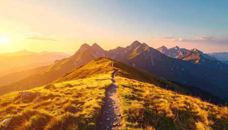 A narrow trail winds along a mountain ridge, illuminated by the warm, golden light of a spectacular sunrise. The path leads towards distant peaks, inviting a sense of adventure, exploration, and the promise of reaching a new destination. Its a perfect metaphor for a journey towards success and achieving ones goals.の素材