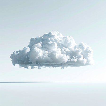 A single, perfectly formed fluffy cloud hovers weightlessly in a serene, minimalist environment. This 3D rendering evokes a sense of calm, imagination, and the abstract nature of ideas, data, and dreams. Ideal for concepts of tranquility, cloud computing, or creative thought.の素材