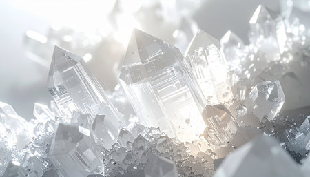 A macro view captures the intricate beauty of a luminous quartz crystal cluster. Bathed in brilliant white light, the geometric facets refract and glow, creating an ethereal and serene atmosphere of purity and natural energy.の素材