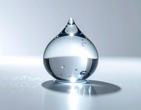 A single, perfect glass droplet sits on a pristine, reflective surface, capturing and refracting the light. This minimalist still life evokes a sense of purity, clarity, and the preciousness of a single, essential element, ideal for concepts in science, wellness, and conservation.の素材