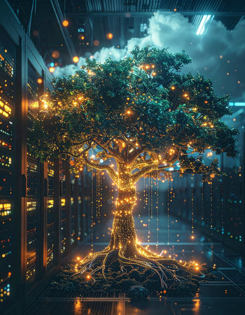 In the heart of a bustling futuristic metropolis, a single, ancient tree stands as a luminous beacon of hope. Wrapped in glowing lights, its roots and branches intertwine with the steel and glass of the city, symbolizing a perfect harmony between nature and technology.の素材