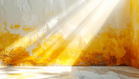 Beams of golden sunlight pierce the quiet of an old, empty room, illuminating textured walls and casting long shadows. This atmospheric scene evokes a sense of hope, spiritual revelation, or a new beginning rising from a forgotten space, perfect for concepts of discovery and inspiration.の素材