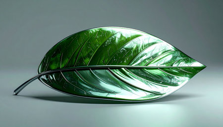 A single, perfectly polished green leaf sculpture rests in a minimalist setting. Its glossy surface reflects soft studio light, creating a sense of modern elegance and technological innovation inspired by nature. This image is ideal for concepts related to sustainability, biotechnology, and clean design.の素材