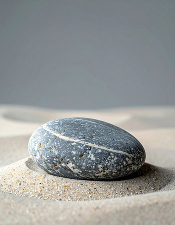 A single, smooth stone with a unique white stripe finds its place of rest on a gentle mound of sand. This minimalist composition evokes a sense of tranquility, balance, and quiet contemplation, perfect for wellness and mindfulness concepts.の素材