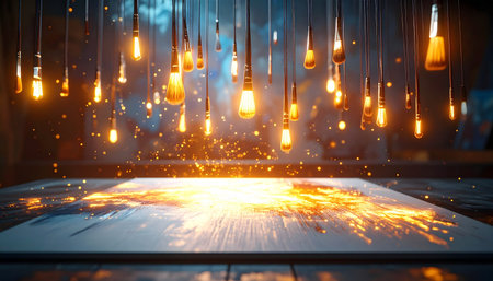 In a dimly lit industrial workshop, a shower of brilliant sparks erupts from a metal surface, symbolizing a powerful moment of creation. Above, a canopy of warm Edison bulbs illuminates the scene, casting a golden glow on the dynamic display of energy and innovation. This image captures the raw power of manufacturing, the birth of an idea, and the fusion of raw materials with brilliant concepts.の素材