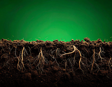 A detailed view beneath the surface, revealing the intricate network of plant roots anchoring themselves in dark, nutrient-rich soil. This image represents the hidden foundation of life, growth, and the powerful, unseen processes that sustain our natural world against a clean green backdrop.の素材