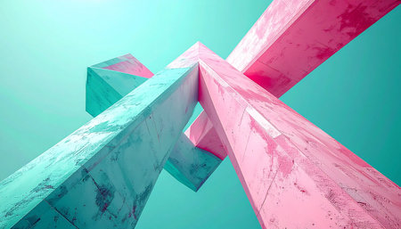 From a low-angle perspective, massive geometric beams of textured concrete intersect against a vibrant teal sky. Bathed in a surreal pink and turquoise light, the structure represents the convergence of ideas, strength in unity, and the bold future of modern design and innovation.の素材