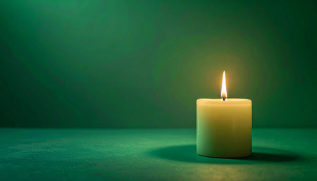A solitary candle flame flickers gently, casting a warm, hopeful glow against a deep green, tranquil background. This minimalist scene evokes a sense of peace, meditation, and quiet contemplation, perfect for themes of remembrance, spirituality, or finding light in the darkness.の素材