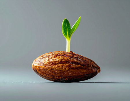 A single seed bursts forth with new life as a vibrant green sprout emerges, symbolizing growth, potential, and the start of a new journey. Set against a clean, minimalist gray background, this image represents hope, beginnings, and the power of nature.の素材