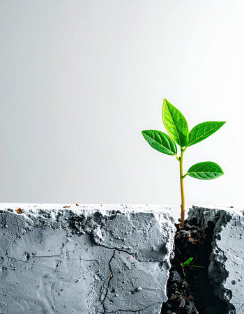 A single, vibrant green sapling demonstrates incredible resilience and the power of nature as it breaks through a crack in rough, grey concrete. This powerful image symbolizes hope, new beginnings, and overcoming adversity, with ample copy space for text.の素材