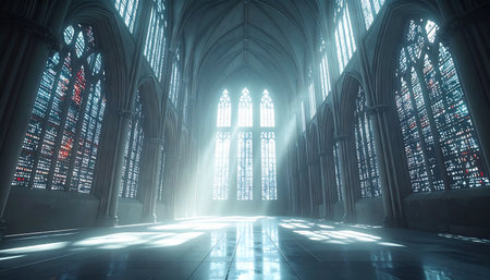 Ethereal beams of light stream through towering stained-glass windows, illuminating the vast, empty hall of an ancient gothic cathedral. The light reflects off the polished stone floor, creating a sense of sacred mystery, timeless grandeur, and peaceful solitude.の素材