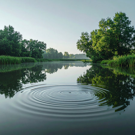 In the quiet stillness of an early morning, a single, unseen disturbance sends concentric circles rippling across the glassy surface of a calm river. The expanding rings symbolize the far-reaching impact of a single action, reflecting the serene beauty of the surrounding green forest.の素材