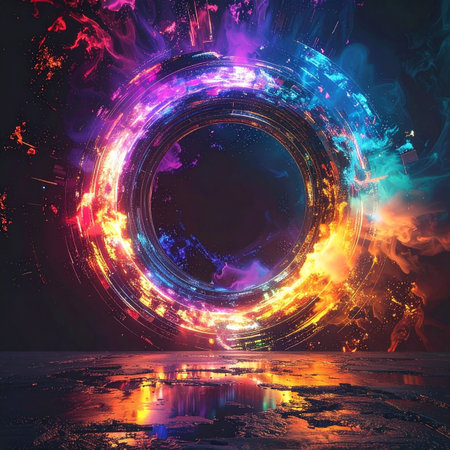 A gateway to another dimension bursts into existence, a swirling vortex of cosmic fire and electric energy. Its vibrant light reflects on a dark surface, inviting viewers to step into the unknown and explore a universe of infinite possibilities.の素材