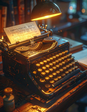 Under the warm glow of a desk lamp, a vintage typewriter sits ready, a half-finished page holding the secrets of a story yet to be told. This atmospheric scene evokes a sense of nostalgia, creativity, and the timeless art of writing.の素材