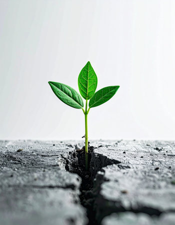 Against all odds, a tiny green sprout demonstrates immense strength as it breaks through a crack in the dark, barren ground. This powerful image symbolizes hope, new beginnings, and the persistent force of life overcoming adversity.の素材