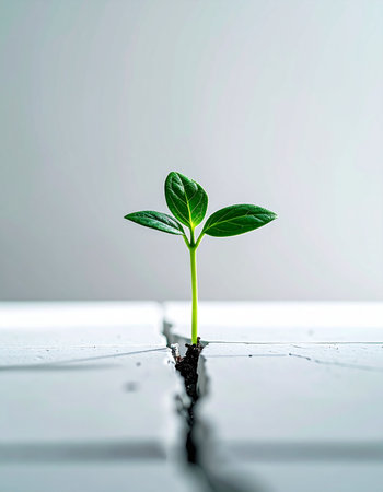 Against all odds, a tiny green sprout demonstrates immense strength, breaking through a stark white surface. This powerful image symbolizes hope, new beginnings, and the unstoppable force of life in the face of adversity.の素材