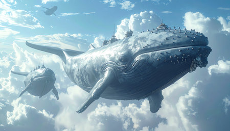 Two majestic whales navigate a celestial ocean of clouds, their immense forms gliding effortlessly through the bright blue sky. This surreal and peaceful scene captures a moment of pure fantasy, evoking feelings of wonder, freedom, and the beauty of the impossible.の素材