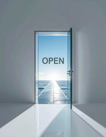 From a simple, enclosed space, a door opens to reveal a sunlit path leading to a calm sea and a bright horizon. This is a powerful visual metaphor for new beginnings, opportunities, and the journey towards a successful and hopeful future.の素材