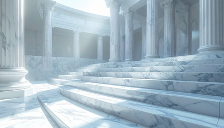 Sunlight streams into a vast, silent hall of polished marble, illuminating grand columns and wide steps. This timeless space evokes a sense of order, authority, and divine purity, perfect for concepts of law, finance, or a gateway to a higher realm.の素材