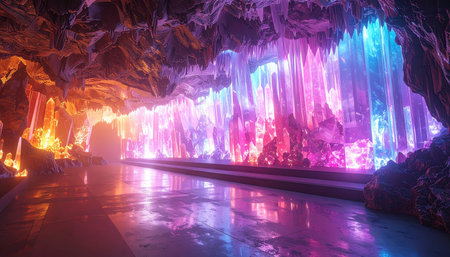 Step into a breathtaking subterranean world where walls of luminous crystals cast a vibrant, multicolored glow across a serene underground river. This enchanting and mystical cavern invites a sense of wonder and discovery, a hidden treasure deep within the earth perfect for fantasy or science fiction themes.の素材